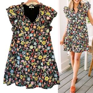 Entro Ditsy Floral Babydoll Dress Pockets Lined Ruffles Cotton Small